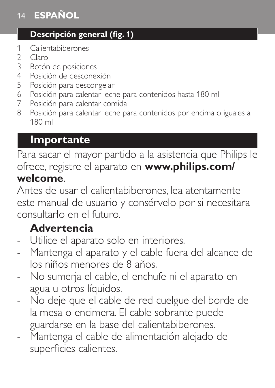 Español | Philips AVENT Calientabiberones User Manual | Page 14 / 32