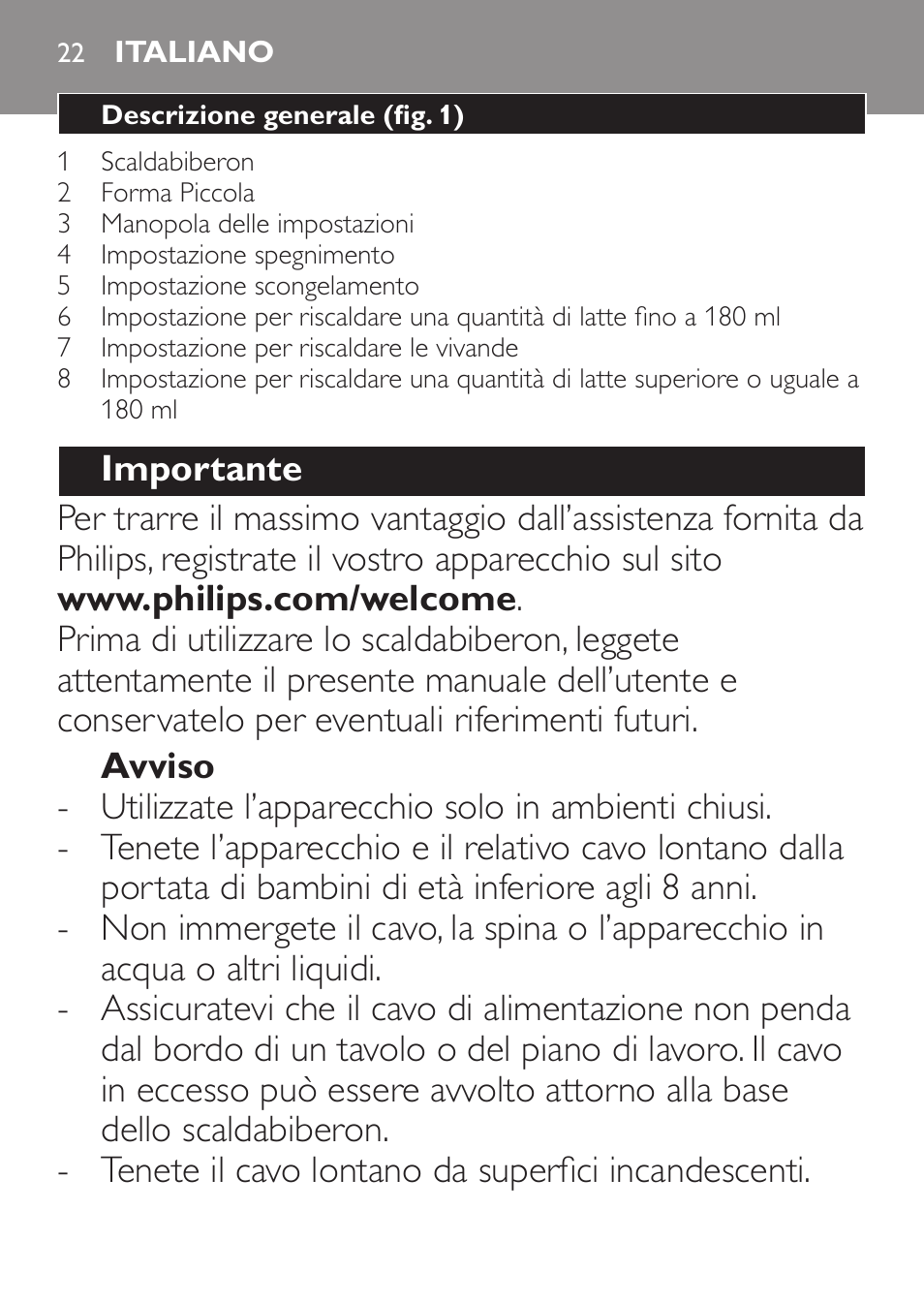 Italiano | Philips AVENT Calientabiberones User Manual | Page 22 / 32