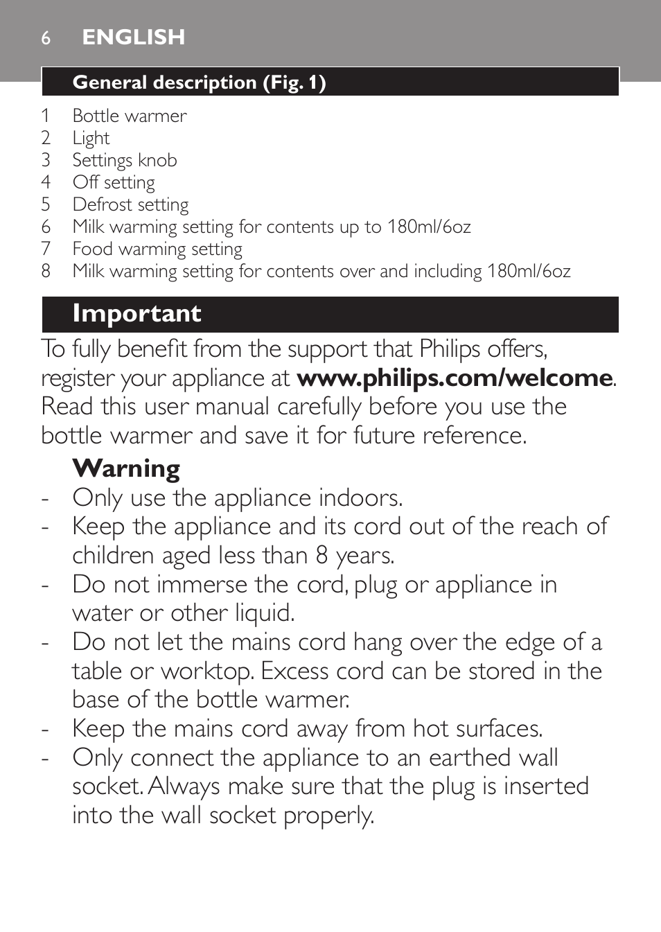 English | Philips AVENT Calientabiberones User Manual | Page 6 / 32