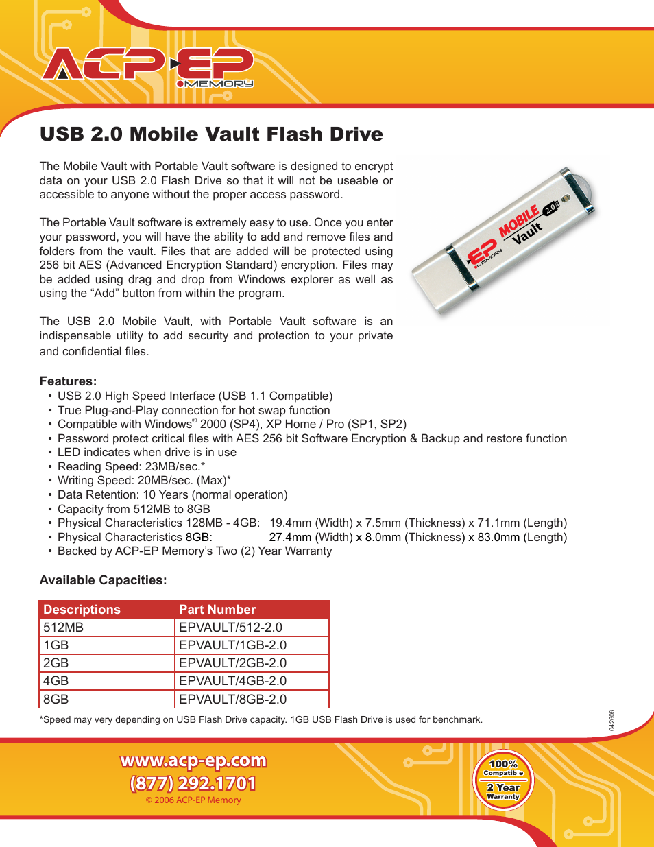 ACP-EP Memory EPVAULT/8GB-2.0 User Manual | 1 page