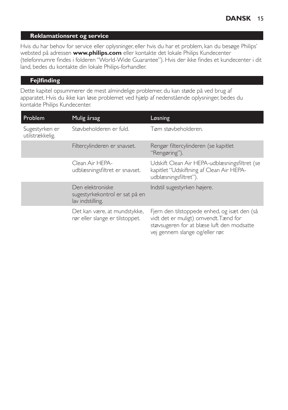 Reklamationsret og service, Fejlfinding | Philips SmallStar Aspirador sin bolsa User Manual | Page 15 / 76