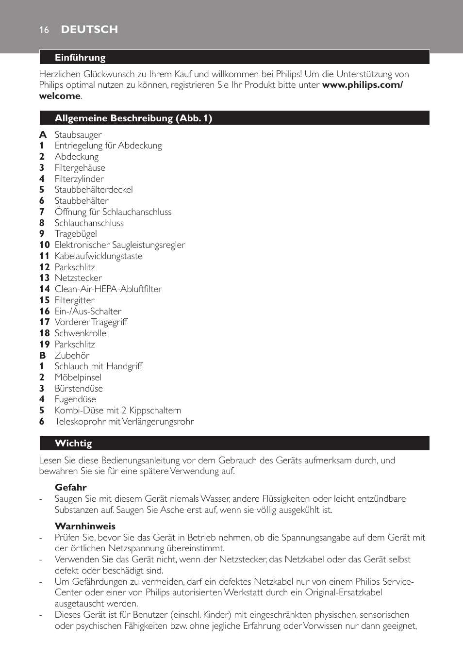 Gefahr, Warnhinweis, Deutsch | Einführung, Allgemeine beschreibung (abb. 1), Wichtig | Philips SmallStar Aspirador sin bolsa User Manual | Page 16 / 76