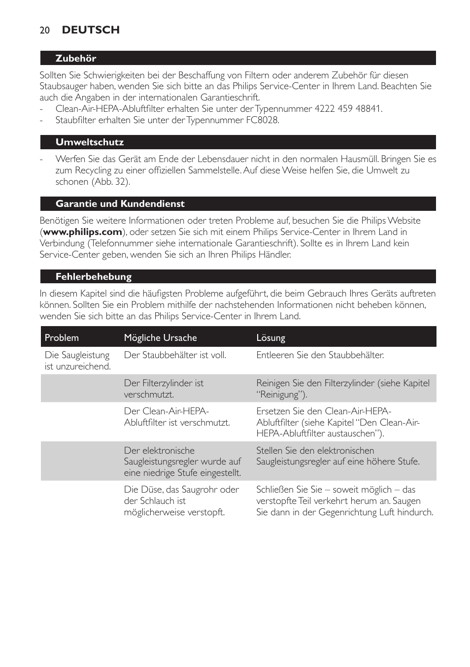 Zubehör, Umweltschutz, Garantie und kundendienst | Fehlerbehebung | Philips SmallStar Aspirador sin bolsa User Manual | Page 20 / 76