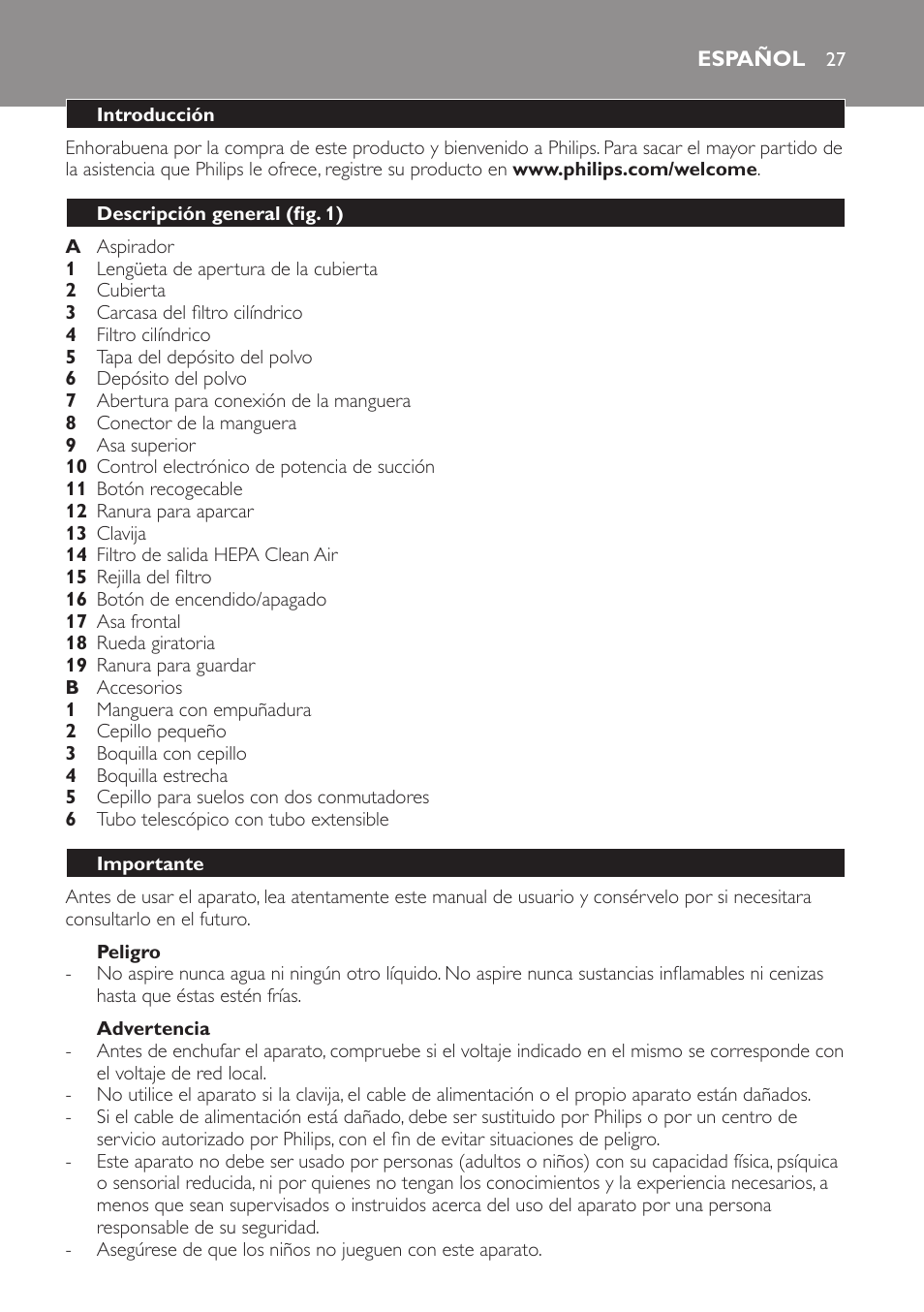 Peligro, Advertencia, Español | Introducción, Descripción general (fig. 1), Importante | Philips SmallStar Aspirador sin bolsa User Manual | Page 27 / 76