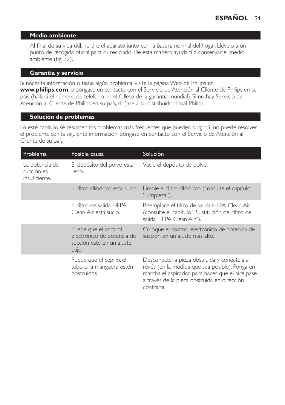 Medio ambiente, Garantía y servicio, Solución de problemas | Philips SmallStar Aspirador sin bolsa User Manual | Page 31 / 76