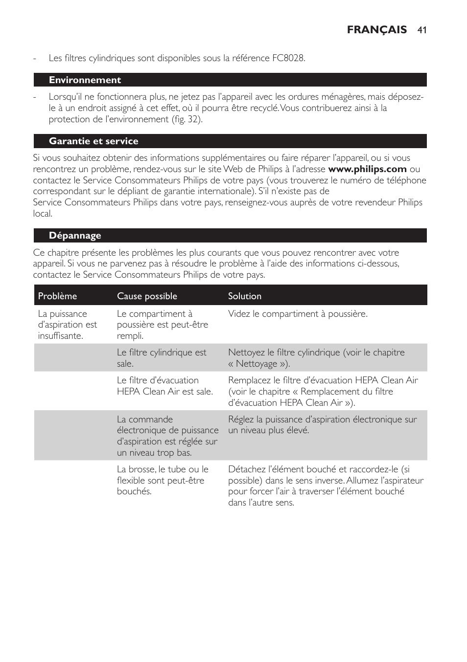 Environnement, Garantie et service, Dépannage | Philips SmallStar Aspirador sin bolsa User Manual | Page 41 / 76