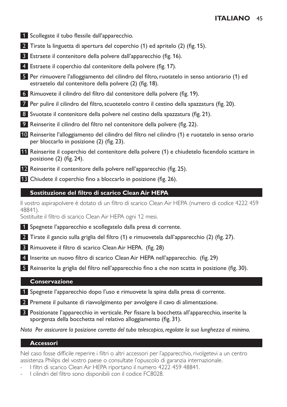 Sostituzione del filtro di scarico clean air hepa, Conservazione, Accessori | Philips SmallStar Aspirador sin bolsa User Manual | Page 45 / 76