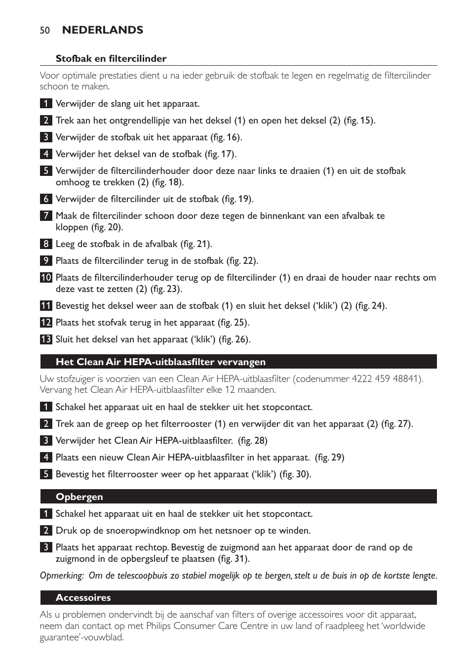 Stofbak en filtercilinder, Het clean air hepa-uitblaasfilter vervangen, Opbergen | Accessoires | Philips SmallStar Aspirador sin bolsa User Manual | Page 50 / 76