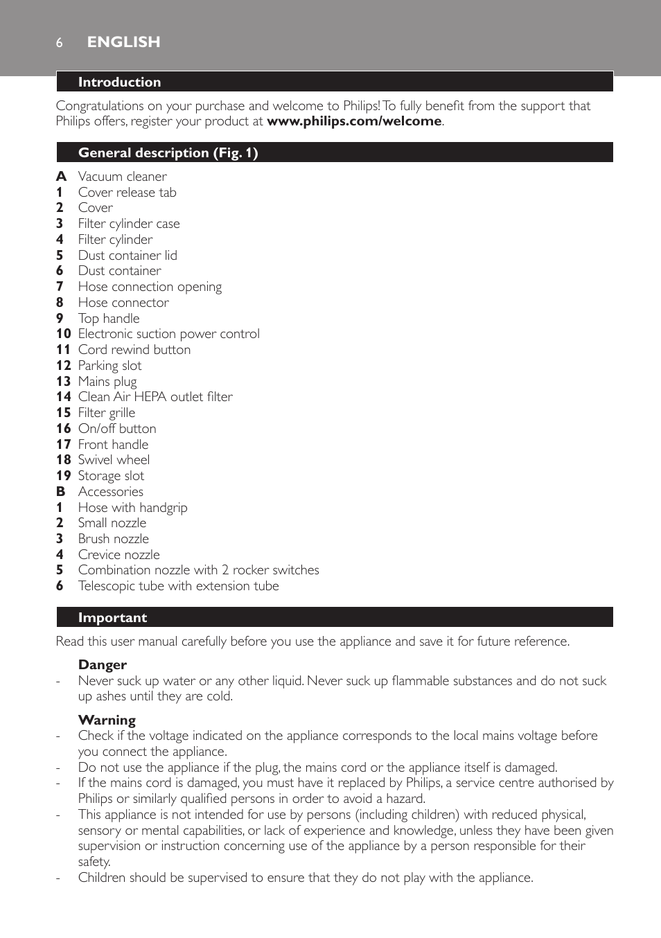 English, Introduction, General description (fig. 1) | Important, Danger, Warning | Philips SmallStar Aspirador sin bolsa User Manual | Page 6 / 76