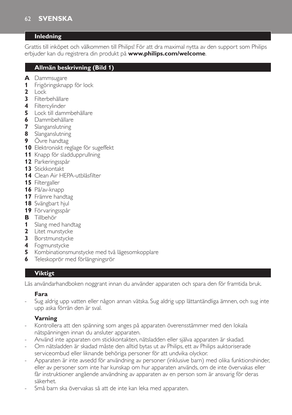 Fara, Varning, Svenska | Inledning, Allmän beskrivning (bild 1), Viktigt | Philips SmallStar Aspirador sin bolsa User Manual | Page 62 / 76