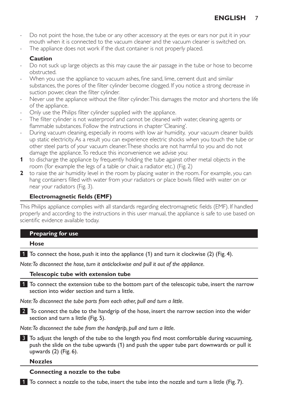 Caution, Electromagnetic fields (emf), Preparing for use | Hose, Telescopic tube with extension tube, Nozzles, Connecting a nozzle to the tube | Philips SmallStar Aspirador sin bolsa User Manual | Page 7 / 76