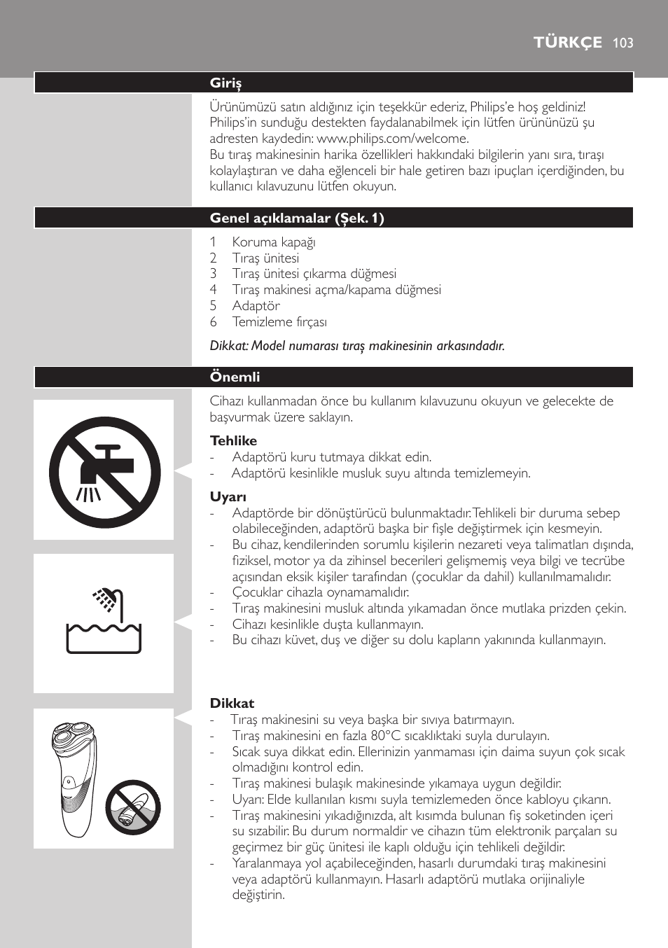 Türkçe, Türkçe 10 | Philips SHAVER Series 3000 afeitadora eléctrica en seco User Manual | Page 103 / 110