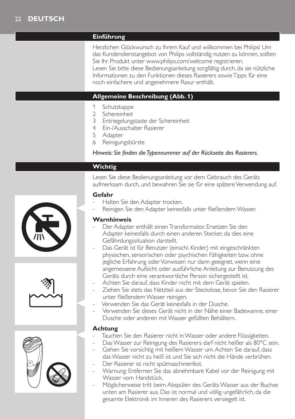 Deutsch, Deutsch 22 | Philips SHAVER Series 3000 afeitadora eléctrica en seco User Manual | Page 22 / 110