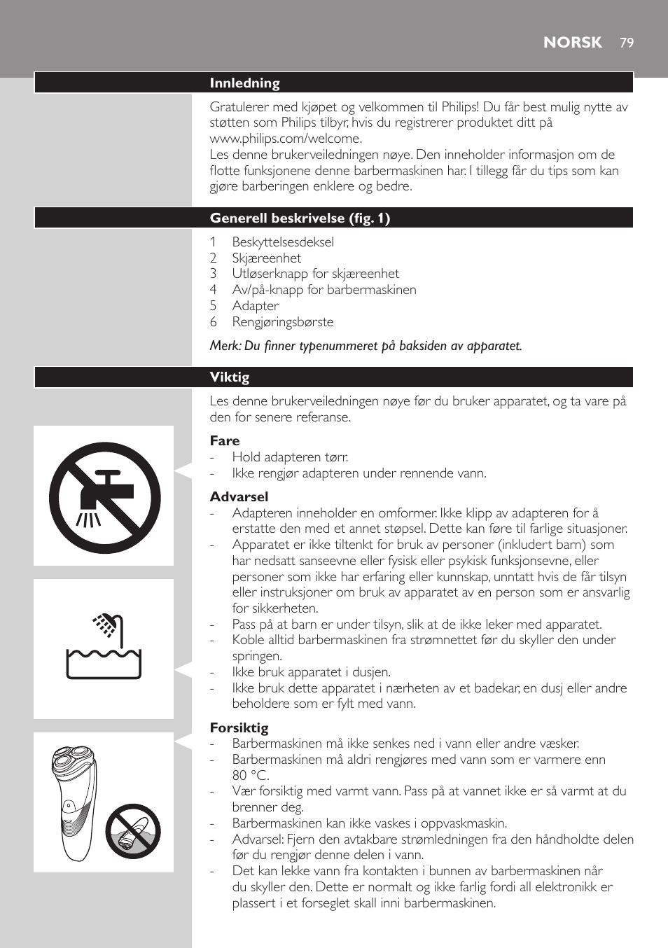 Norsk, Norsk 79 | Philips SHAVER Series 3000 afeitadora eléctrica en seco User Manual | Page 79 / 110