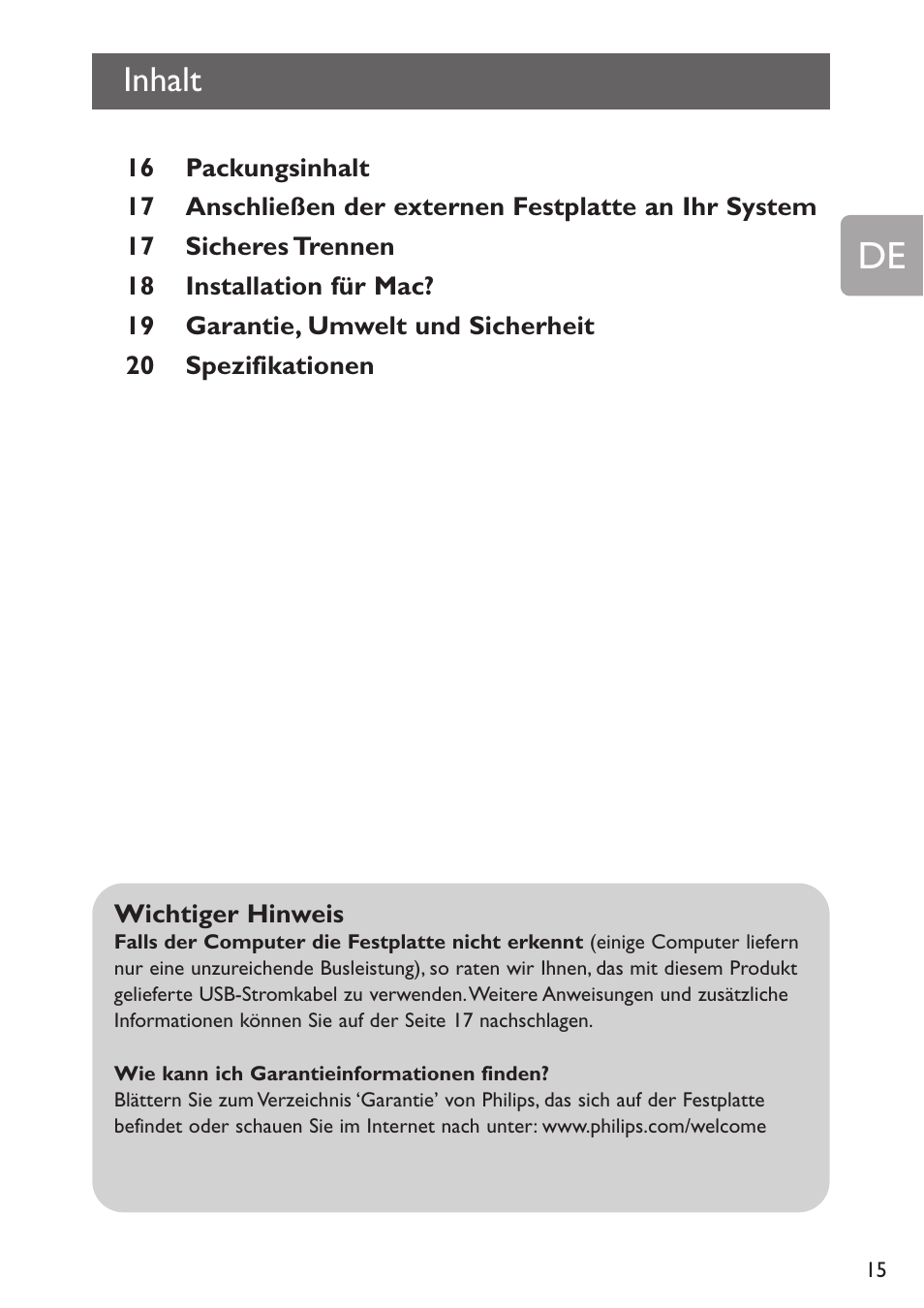 Inhalt | Philips Disco duro externo User Manual | Page 15 / 52