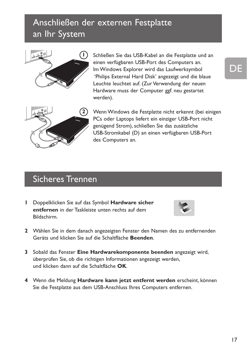 Anschließen der externen festplatte an ihr system, Sicheres trennen | Philips Disco duro externo User Manual | Page 17 / 52