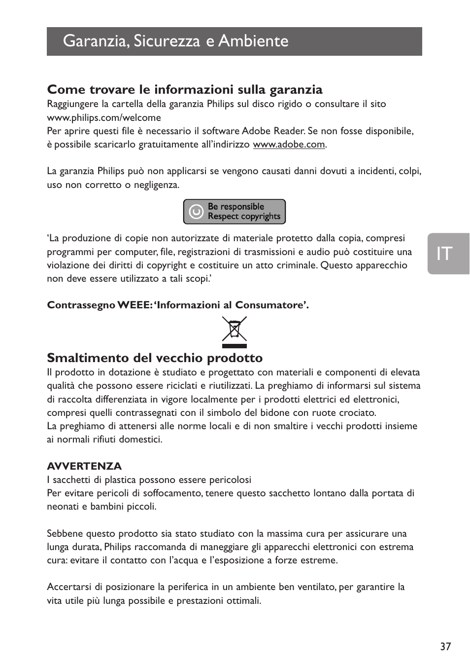 Garanzia, sicurezza e ambiente | Philips Disco duro externo User Manual | Page 37 / 52