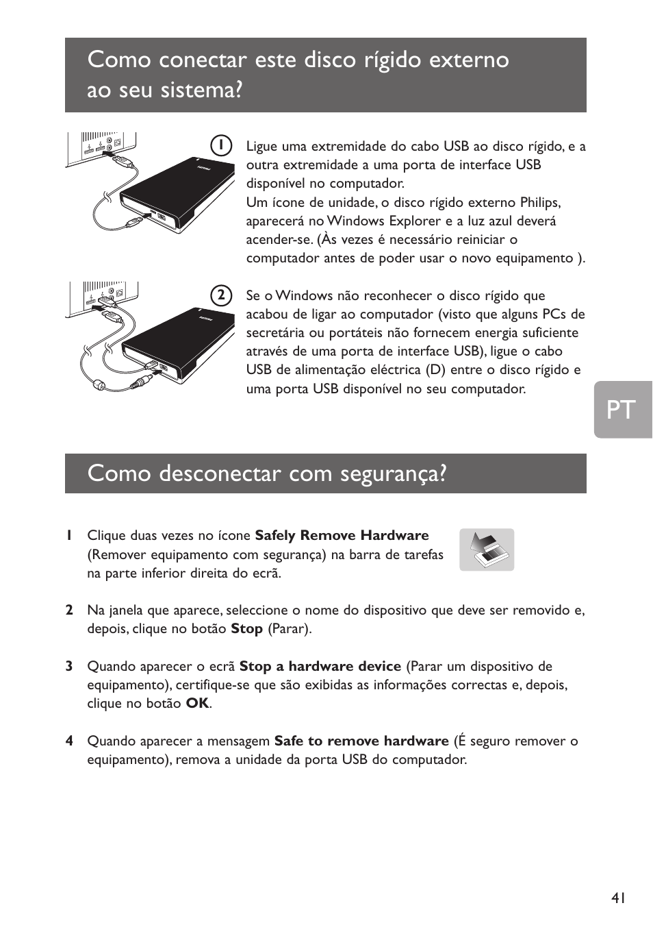 Como desconectar com segurança | Philips Disco duro externo User Manual | Page 41 / 52