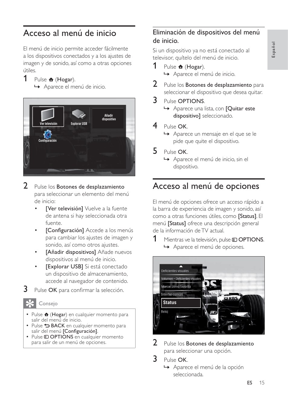 Acceso al menú de opciones, Acceso al menú de inicio, Eliminación de dispositivos del menú de inicio | Philips TV LCD User Manual | Page 16 / 59