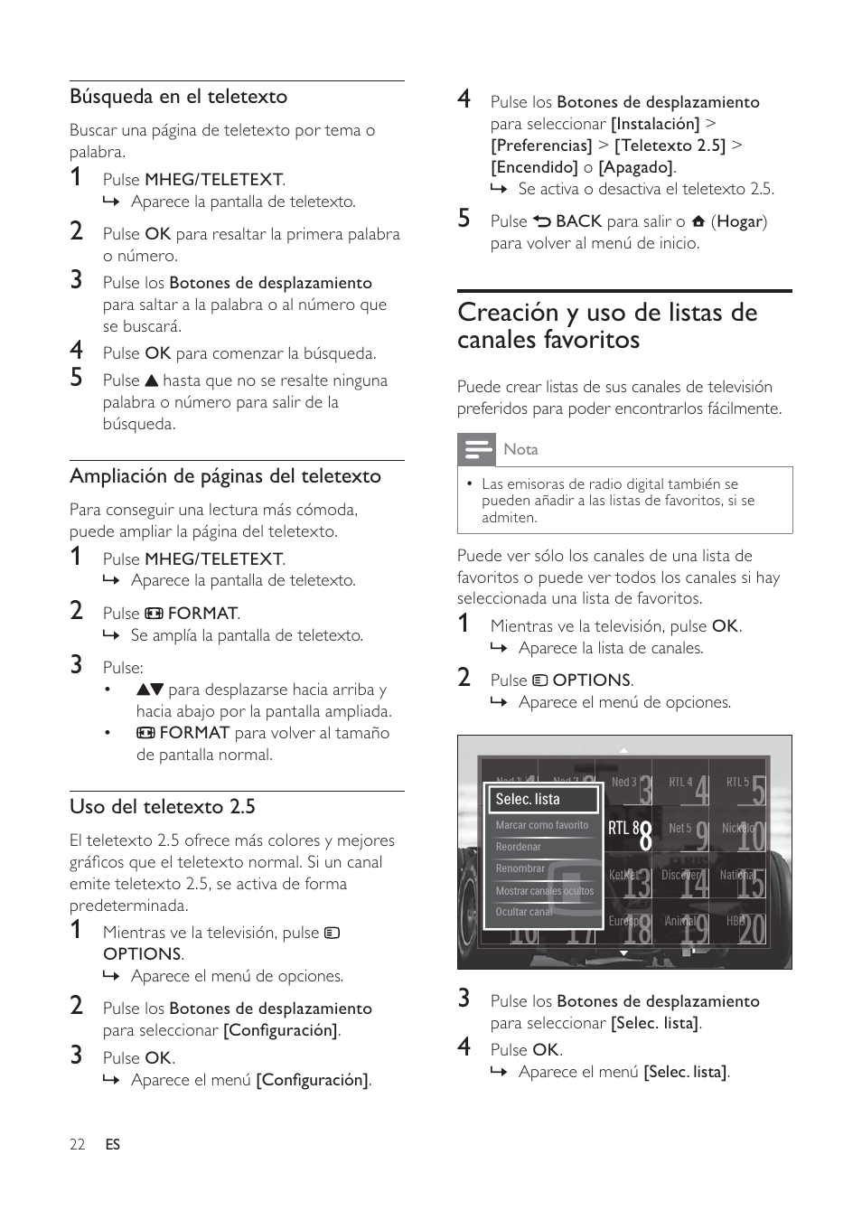 Creación y uso de listas de canales favoritos | Philips TV LCD User Manual | Page 23 / 59