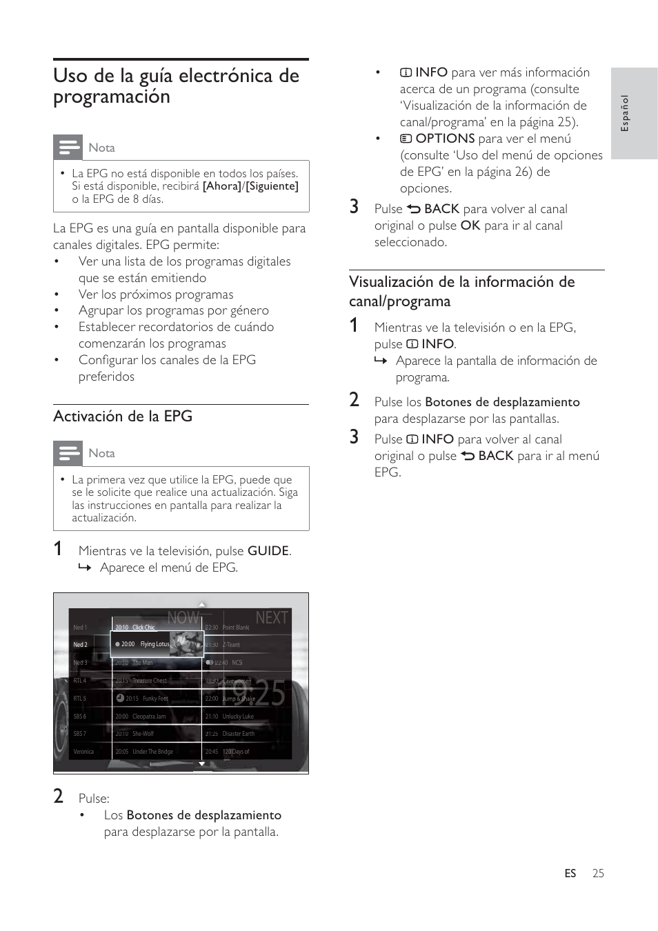 Uso de la guía electrónica de programación, Next, Visualización de la información de canal/programa | Activación de la epg | Philips TV LCD User Manual | Page 26 / 59