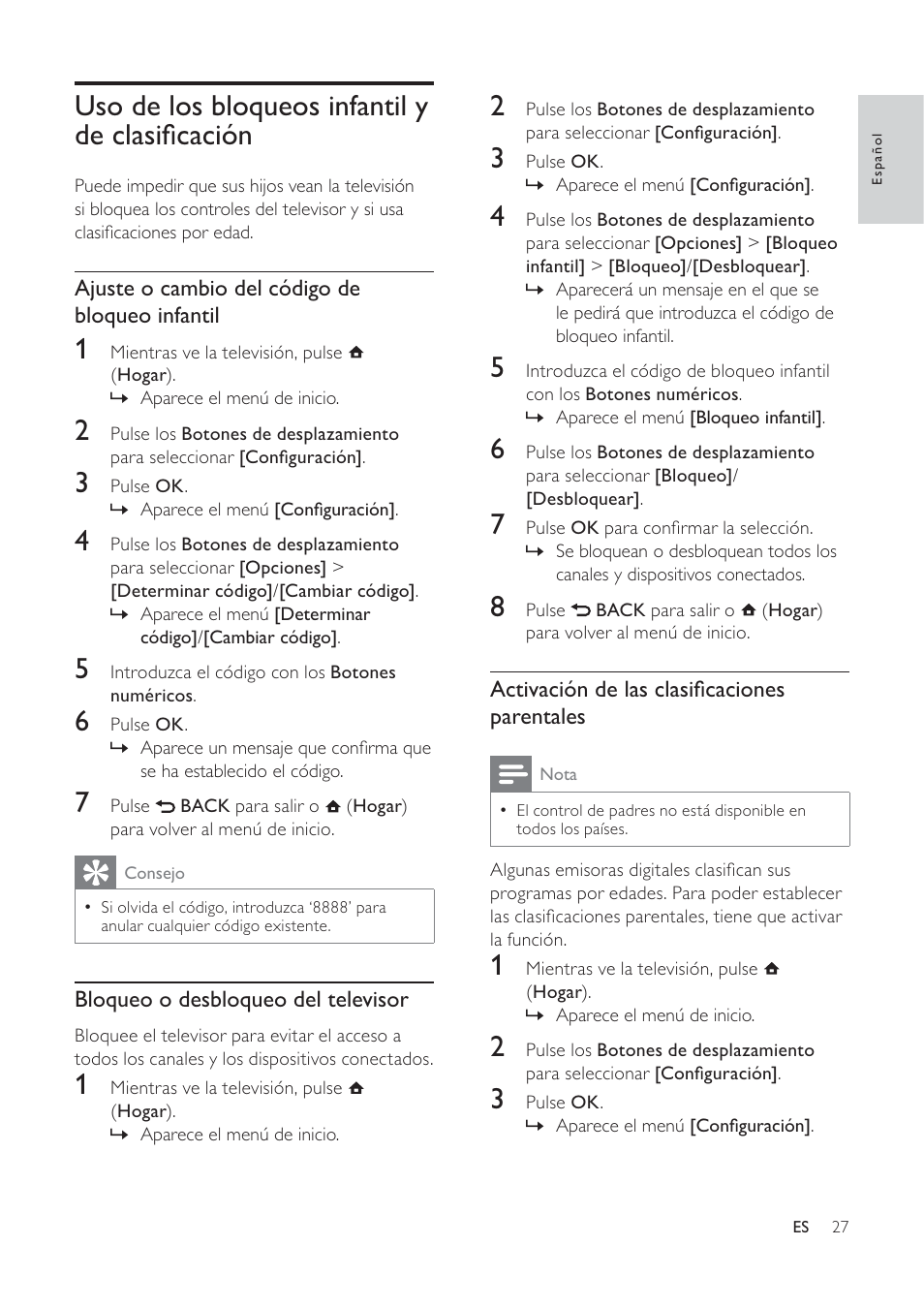 Uso de los bloqueos infantil y de clasià cación | Philips TV LCD User Manual | Page 28 / 59