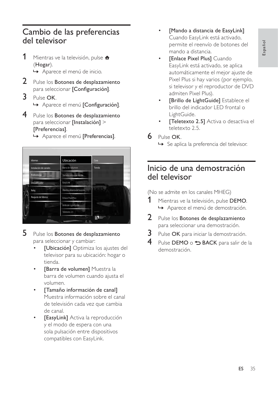 Inicio de una demostración del televisor, Cambio de las preferencias del televisor 1 | Philips TV LCD User Manual | Page 36 / 59