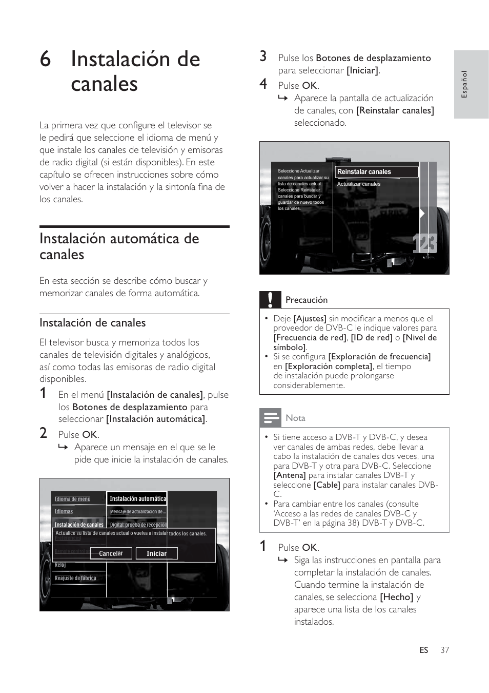 6 instalación de canales, Instalación automática de canales, Instalación de canales | Philips TV LCD User Manual | Page 38 / 59