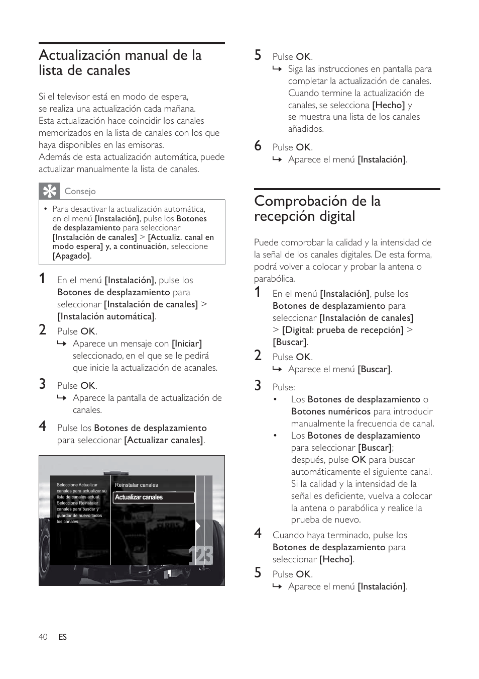 Comprobación de la recepción digital, Actualización manual de la lista de canales | Philips TV LCD User Manual | Page 41 / 59