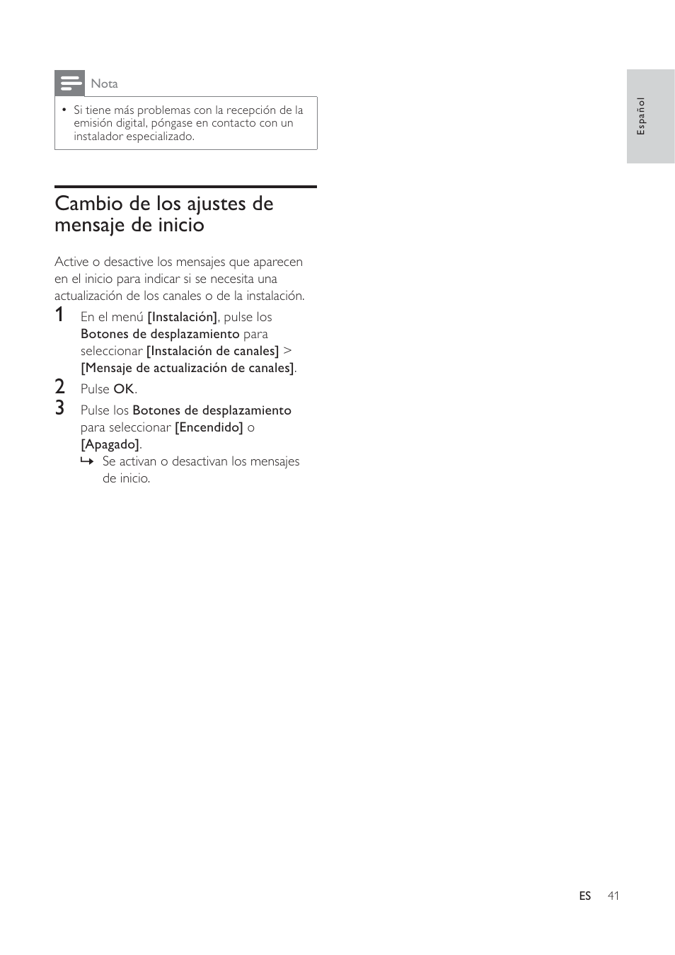 Cambio de los ajustes de mensaje de inicio | Philips TV LCD User Manual | Page 42 / 59