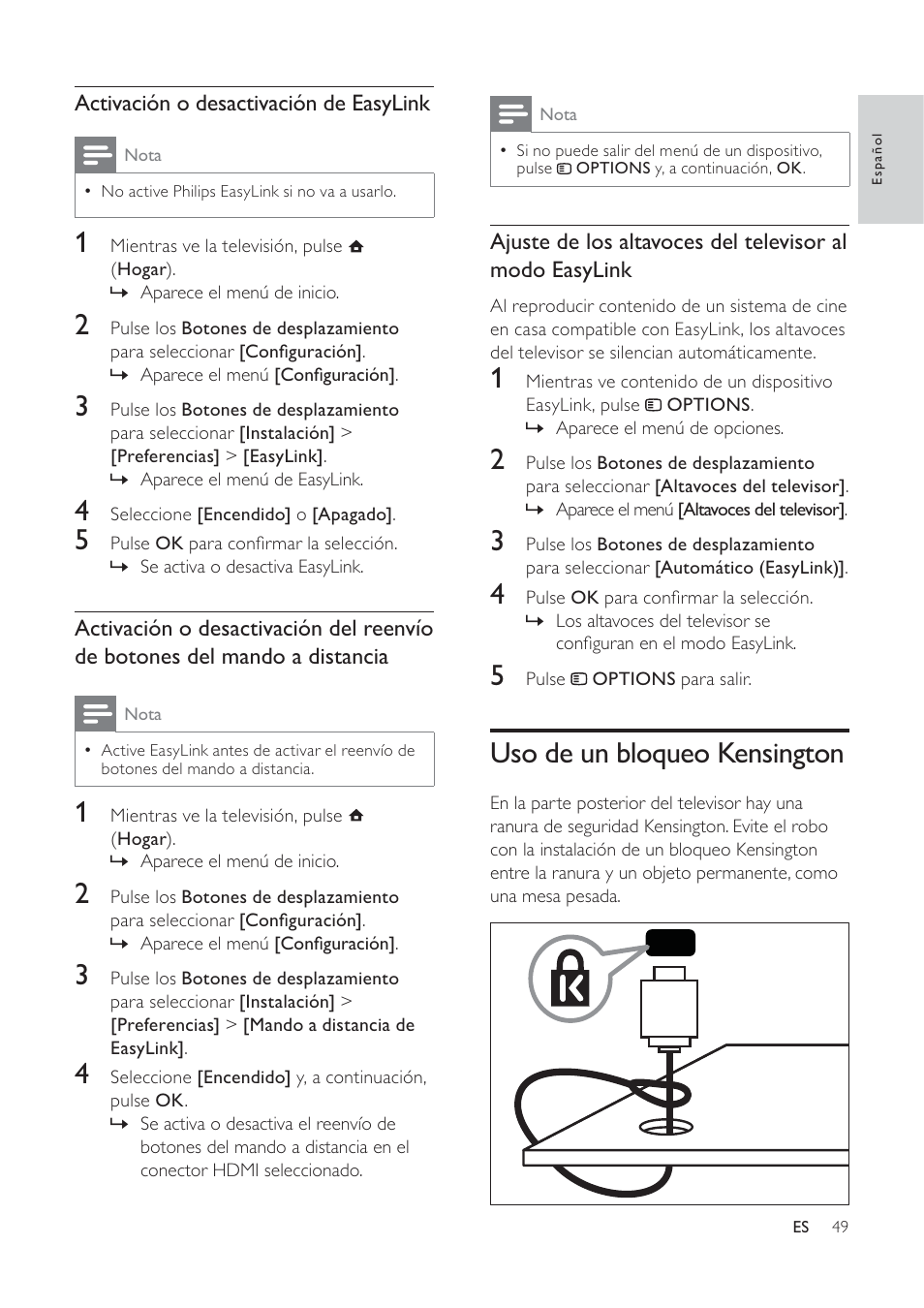 Uso de un bloqueo kensington | Philips TV LCD User Manual | Page 50 / 59