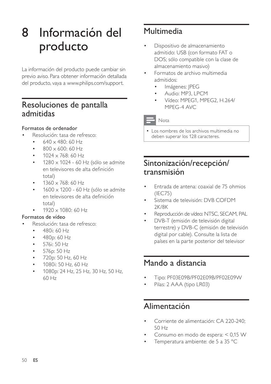 8 información del producto, Multimedia, Sintonización/recepción/ transmisión | Mando a distancia, Alimentación, Resoluciones de pantalla admitidas | Philips TV LCD User Manual | Page 51 / 59