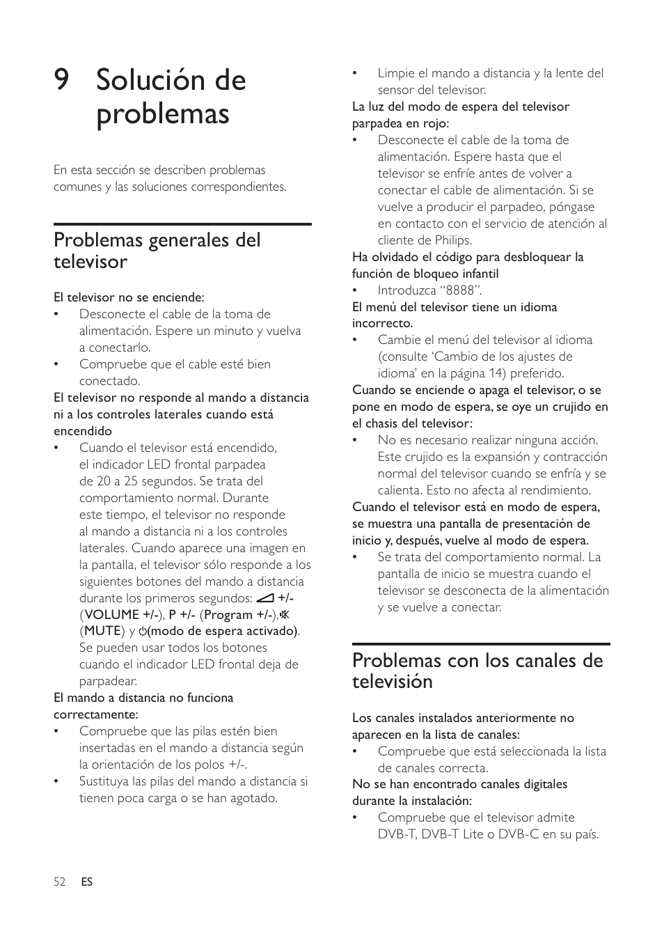 9 solución de problemas, Problemas con los canales de televisión, Problemas generales del televisor | Philips TV LCD User Manual | Page 53 / 59