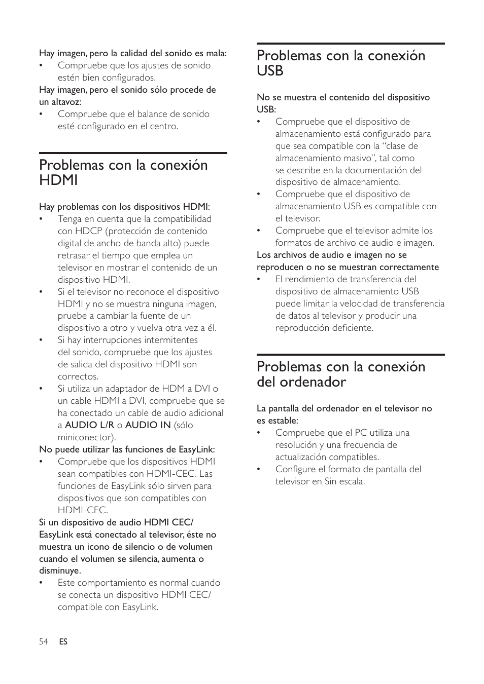 Problemas con la conexión usb, Problemas con la conexión del ordenador, Problemas con la conexión hdmi | Philips TV LCD User Manual | Page 55 / 59