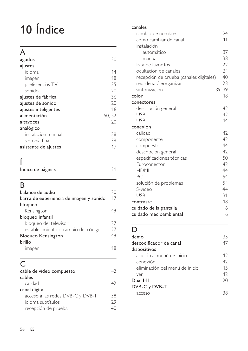 10 índice | Philips TV LCD User Manual | Page 57 / 59