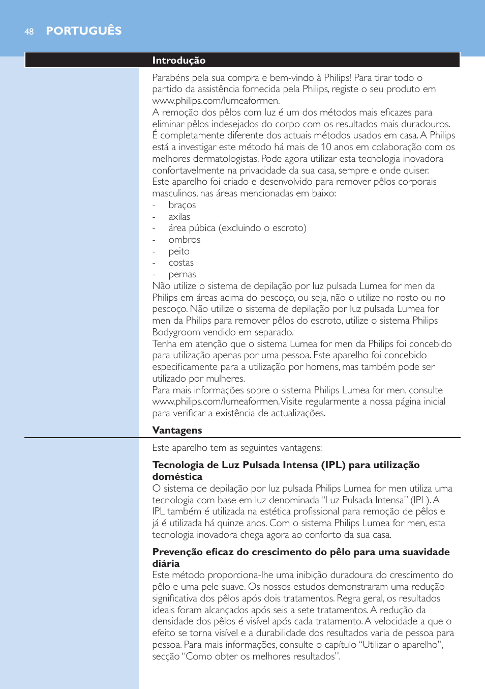 Português | Philips Lumea Sistema de eliminación de vello IPL User Manual | Page 48 / 70