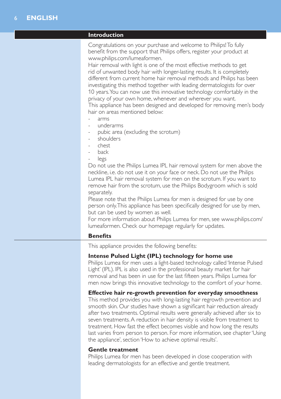English | Philips Lumea Sistema de eliminación de vello IPL User Manual | Page 6 / 70