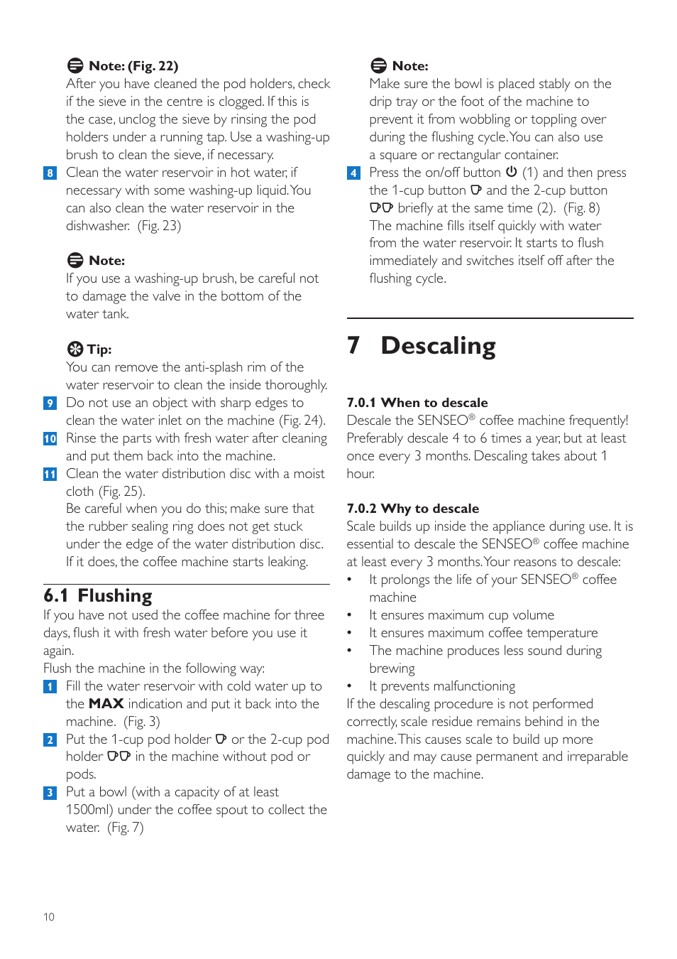 7 descaling, 1 flushing | Philips SENSEO® Quadrante Cafetera de monodosis de café User Manual | Page 10 / 120