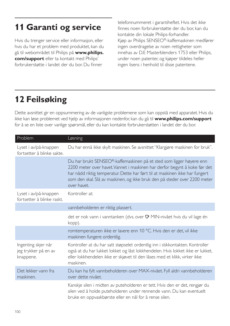 11 garanti og service, 12 feilsøking | Philips SENSEO® Quadrante Cafetera de monodosis de café User Manual | Page 100 / 120