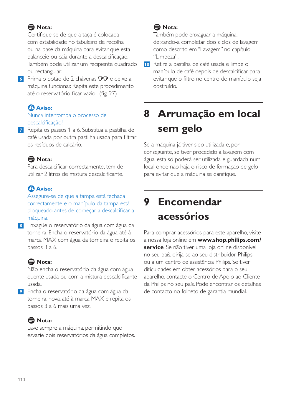 8 arrumação em local sem gelo, 9 encomendar acessórios | Philips SENSEO® Quadrante Cafetera de monodosis de café User Manual | Page 110 / 120