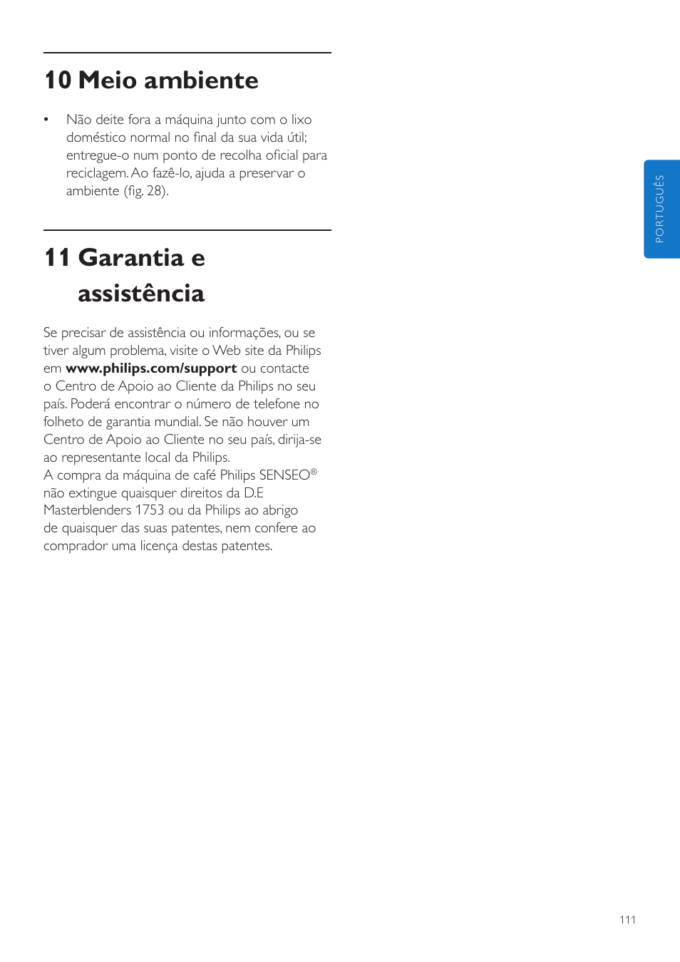 10 meio ambiente, 11 garantia e assistência | Philips SENSEO® Quadrante Cafetera de monodosis de café User Manual | Page 111 / 120