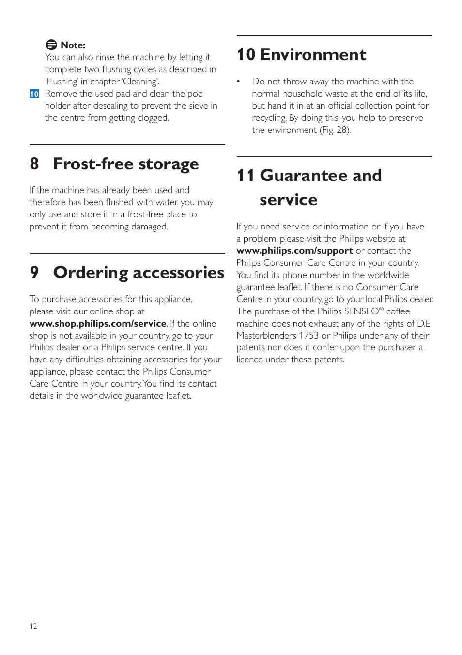 10 environment, 11 guarantee and service, 8 frost-free storage | 9 ordering accessories | Philips SENSEO® Quadrante Cafetera de monodosis de café User Manual | Page 12 / 120