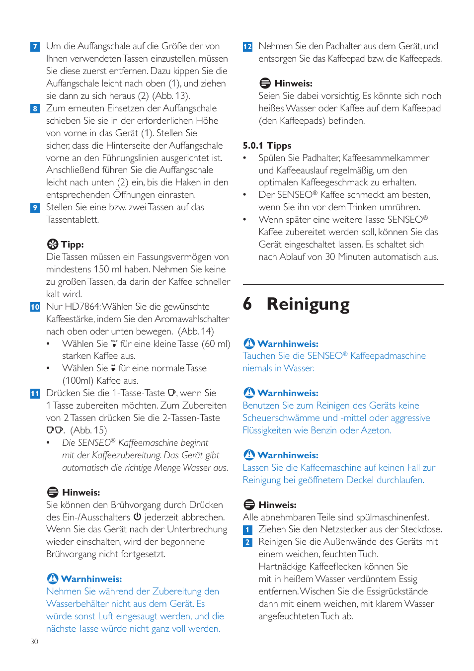 6 reinigung | Philips SENSEO® Quadrante Cafetera de monodosis de café User Manual | Page 30 / 120