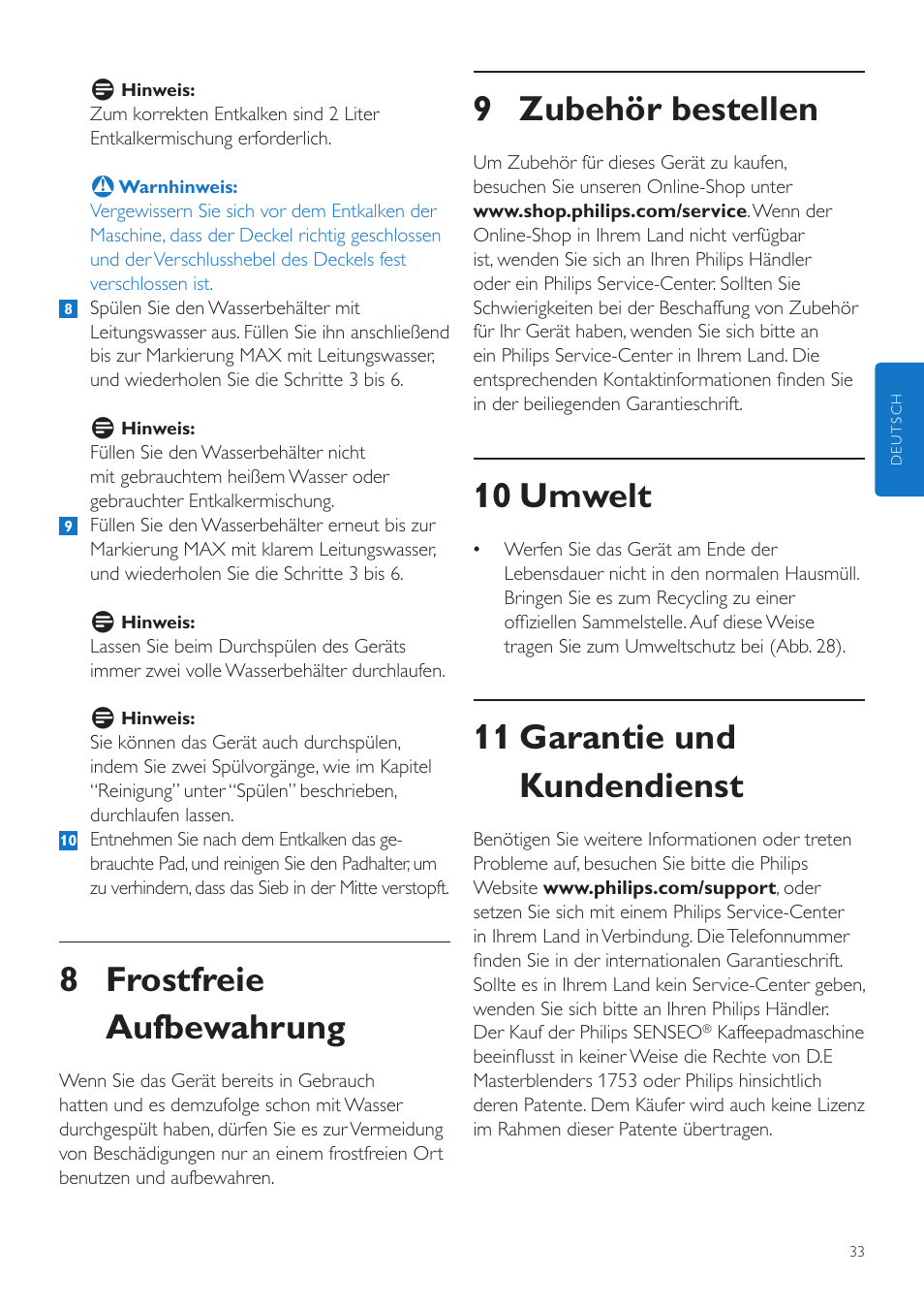 9 zubehör bestellen, 10 umwelt, 11 garantie und kundendienst | 8 frostfreie aufbewahrung | Philips SENSEO® Quadrante Cafetera de monodosis de café User Manual | Page 33 / 120