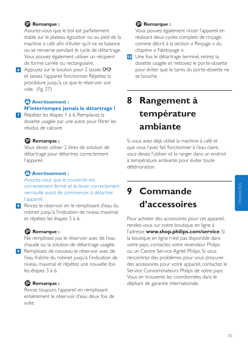 8 rangement à température ambiante, 9 commande d’accessoires | Philips SENSEO® Quadrante Cafetera de monodosis de café User Manual | Page 55 / 120