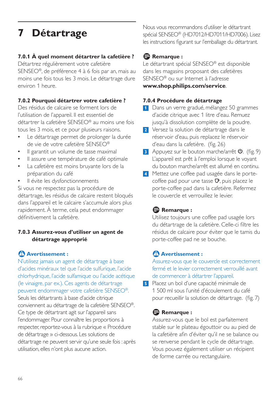 7 détartrage | Philips SENSEO® Quadrante Cafetera de monodosis de café User Manual | Page 66 / 120