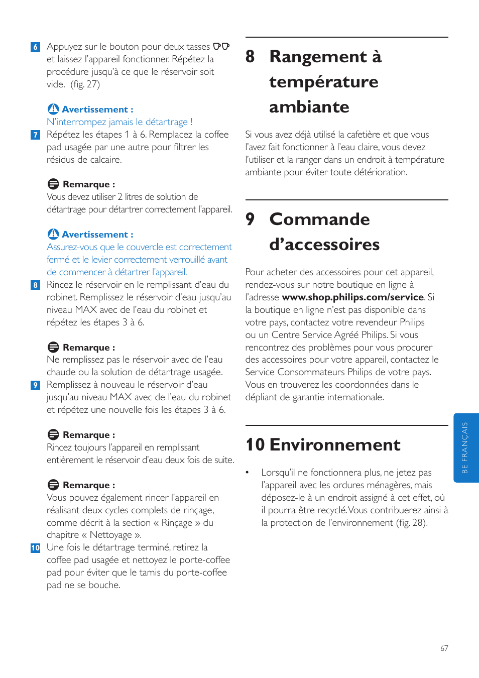 8 rangement à température ambiante, 9 commande d’accessoires, 10 environnement | Philips SENSEO® Quadrante Cafetera de monodosis de café User Manual | Page 67 / 120