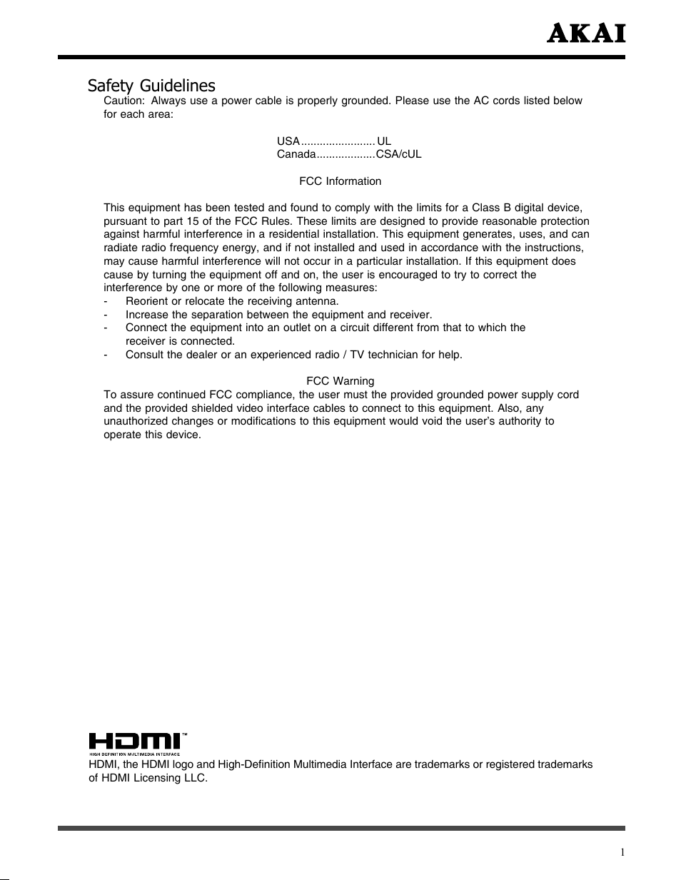 Safety guidelines | Akai LCT3785TA User Manual | Page 2 / 44