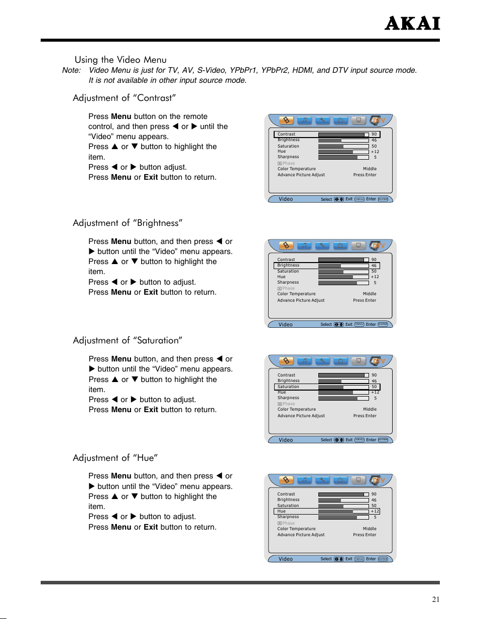 Using the video menu, Adjustment of “contrast, Adjustment of “brightness | Adjustment of “saturation, Adjustment of “hue | Akai LCT3785TA User Manual | Page 22 / 44
