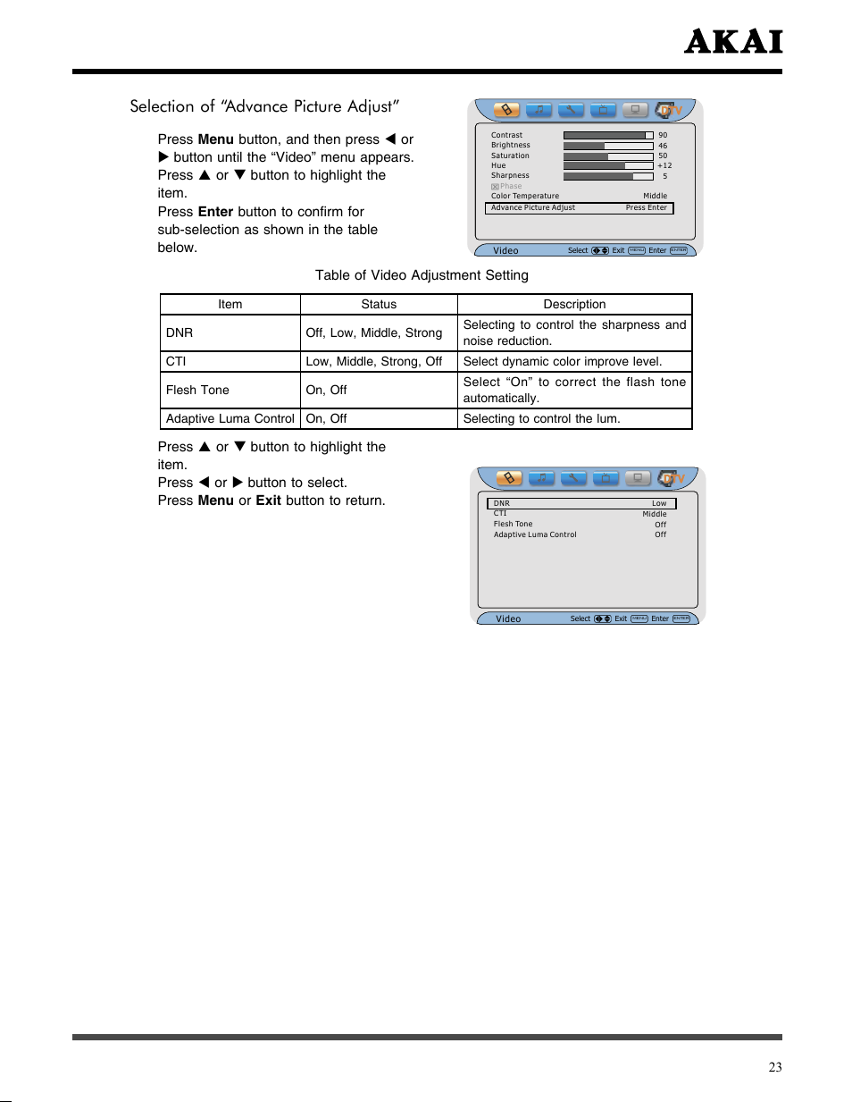 Selection of “advance picture adjust | Akai LCT3785TA User Manual | Page 24 / 44